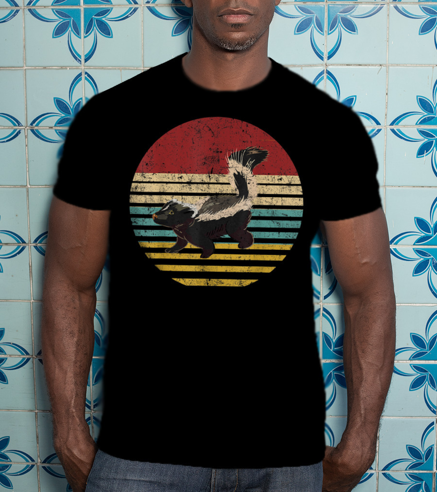 Retro Striped Sunset With Vintage Skunk Lovers T-Shirt