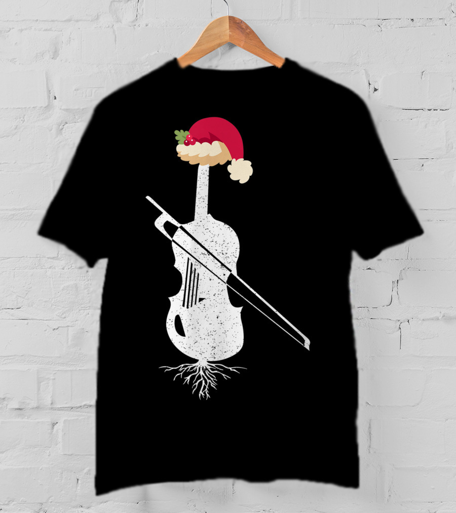 Violin Santa Hat Christmas Tree Vintage Style Holiday Decor T-Shirt