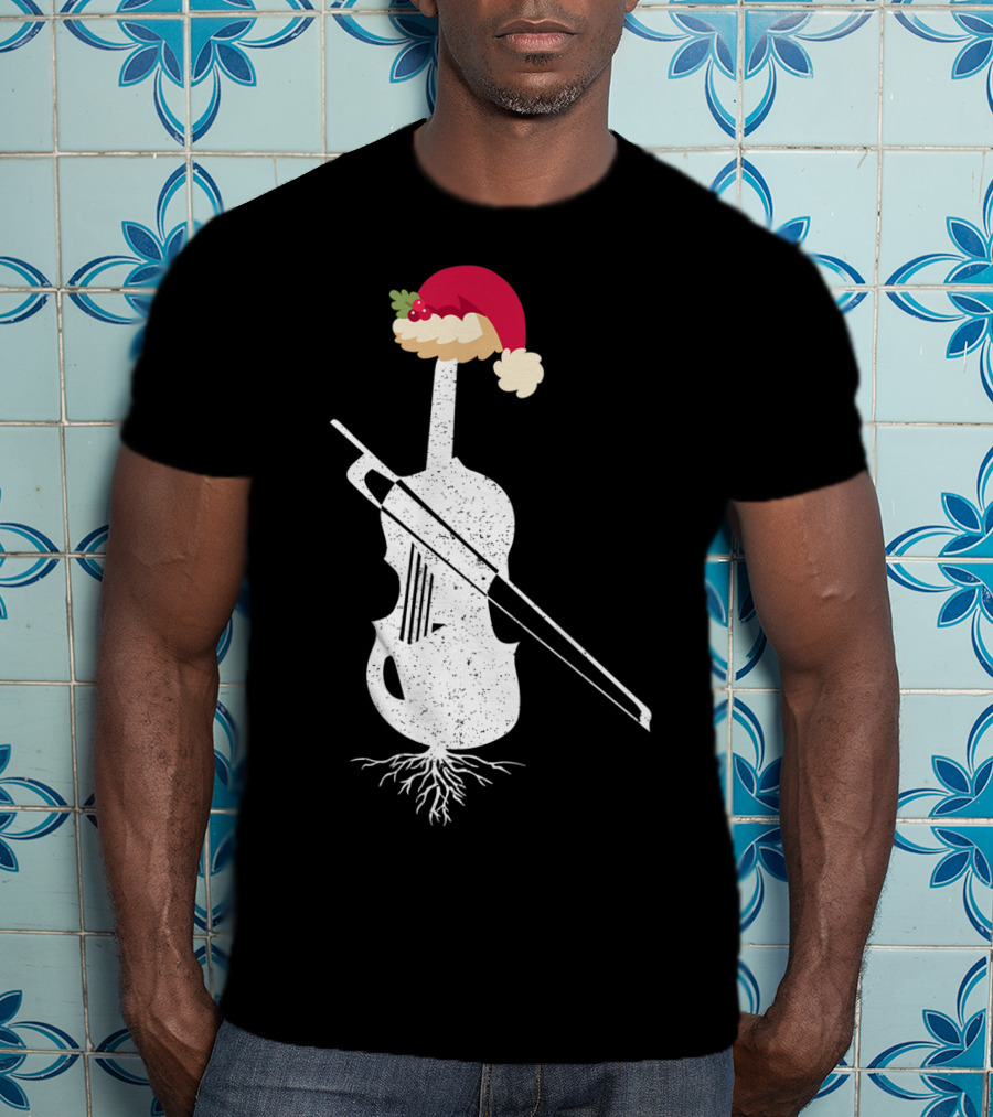 Violin Santa Hat Christmas Tree Vintage Style Holiday Decor T-Shirt