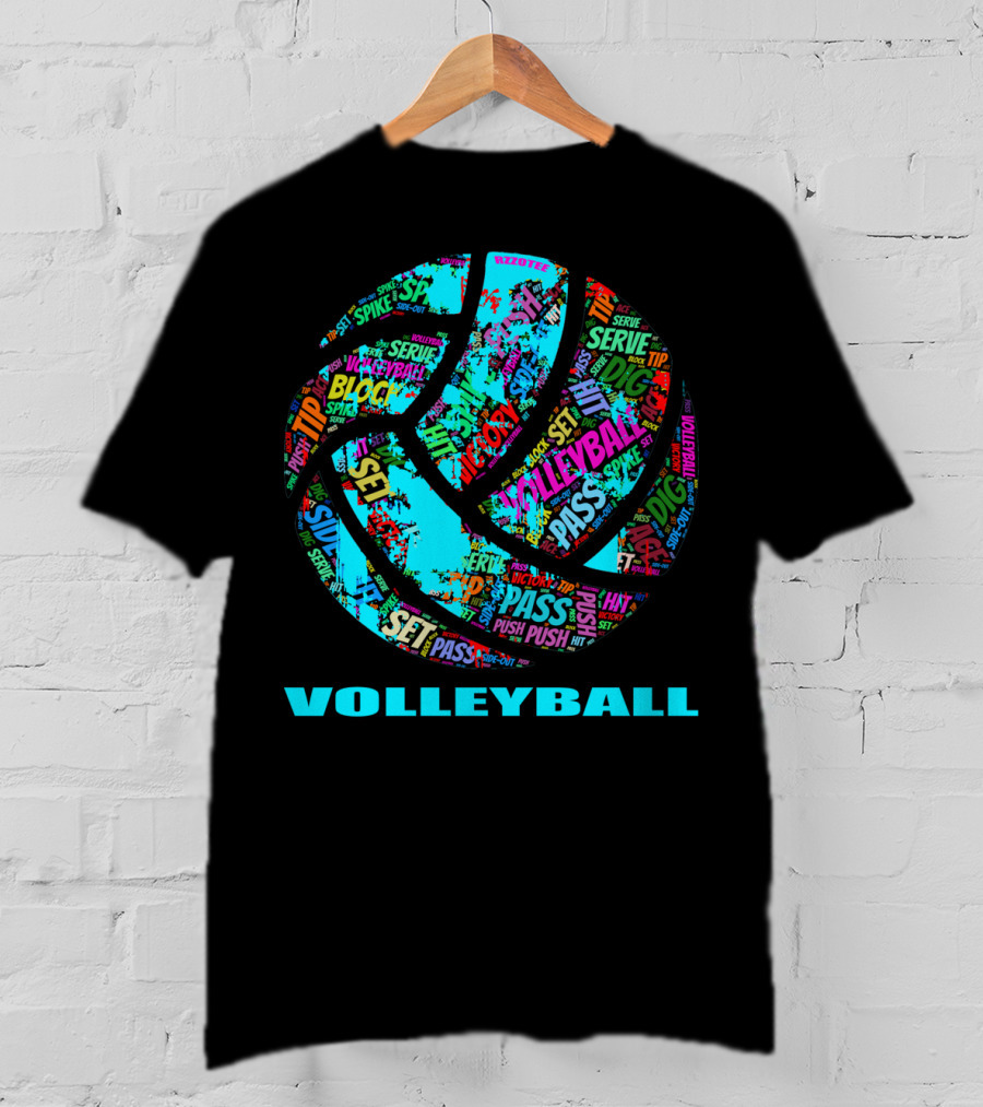 Volleyball Block Serve Dig Set Pass Spike Victory Words Colorful Ball T-Shirt