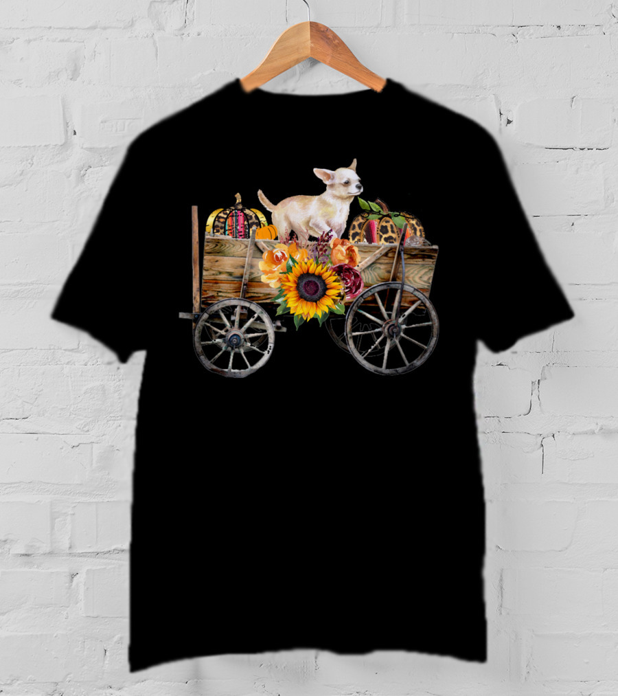 White Chihuahua In Wagon With Pumpkin And Sunflower T-Shirt