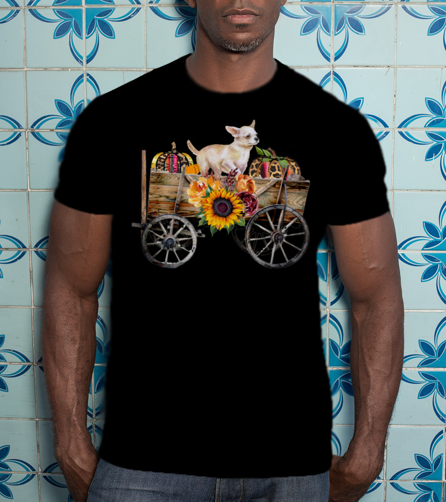 White Chihuahua In Wagon With Pumpkin And Sunflower T-Shirt