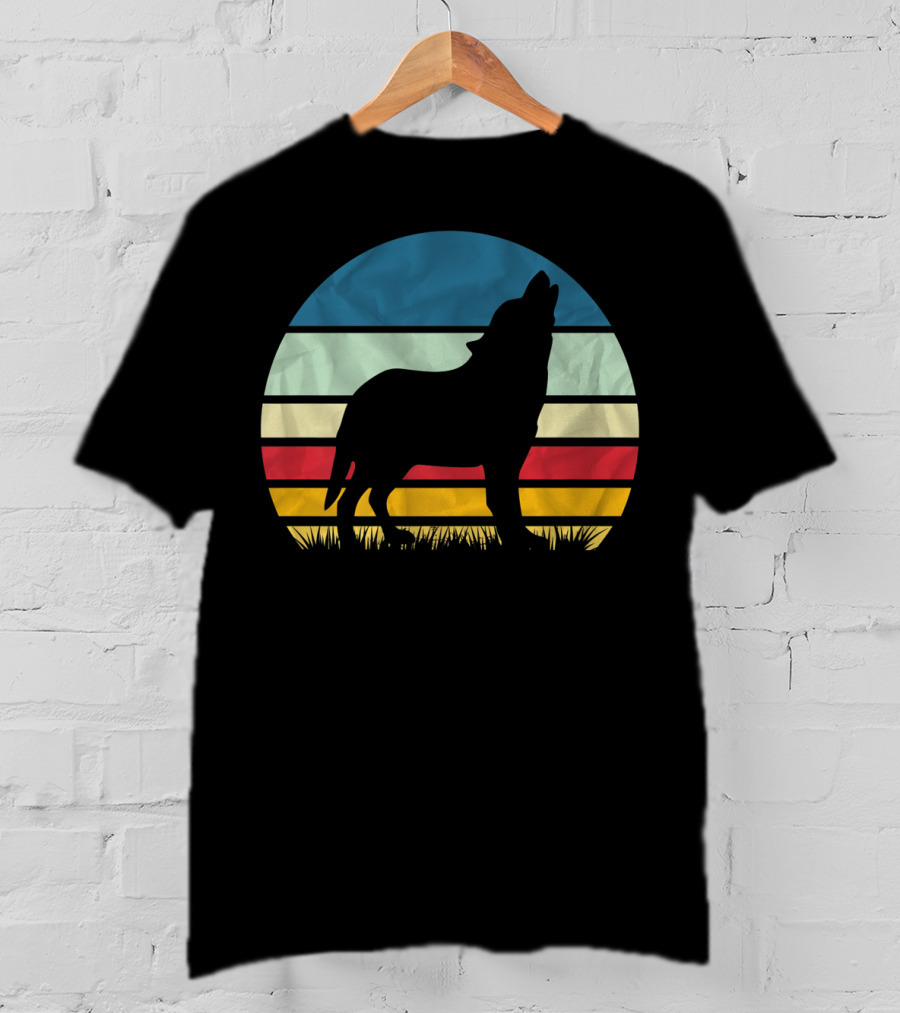 Retro Wolf Silhouette Vintage Sunset Stripes T-Shirt