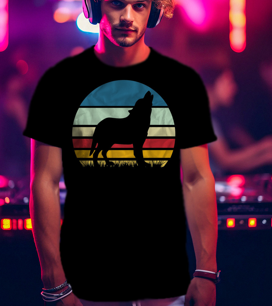 Retro Wolf Silhouette Vintage Sunset Stripes T-Shirt