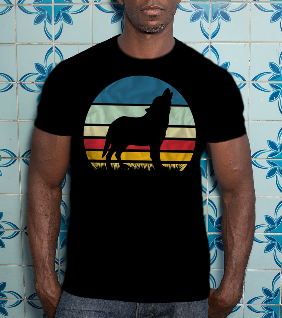 Retro Wolf Silhouette Vintage Sunset Stripes T-Shirt