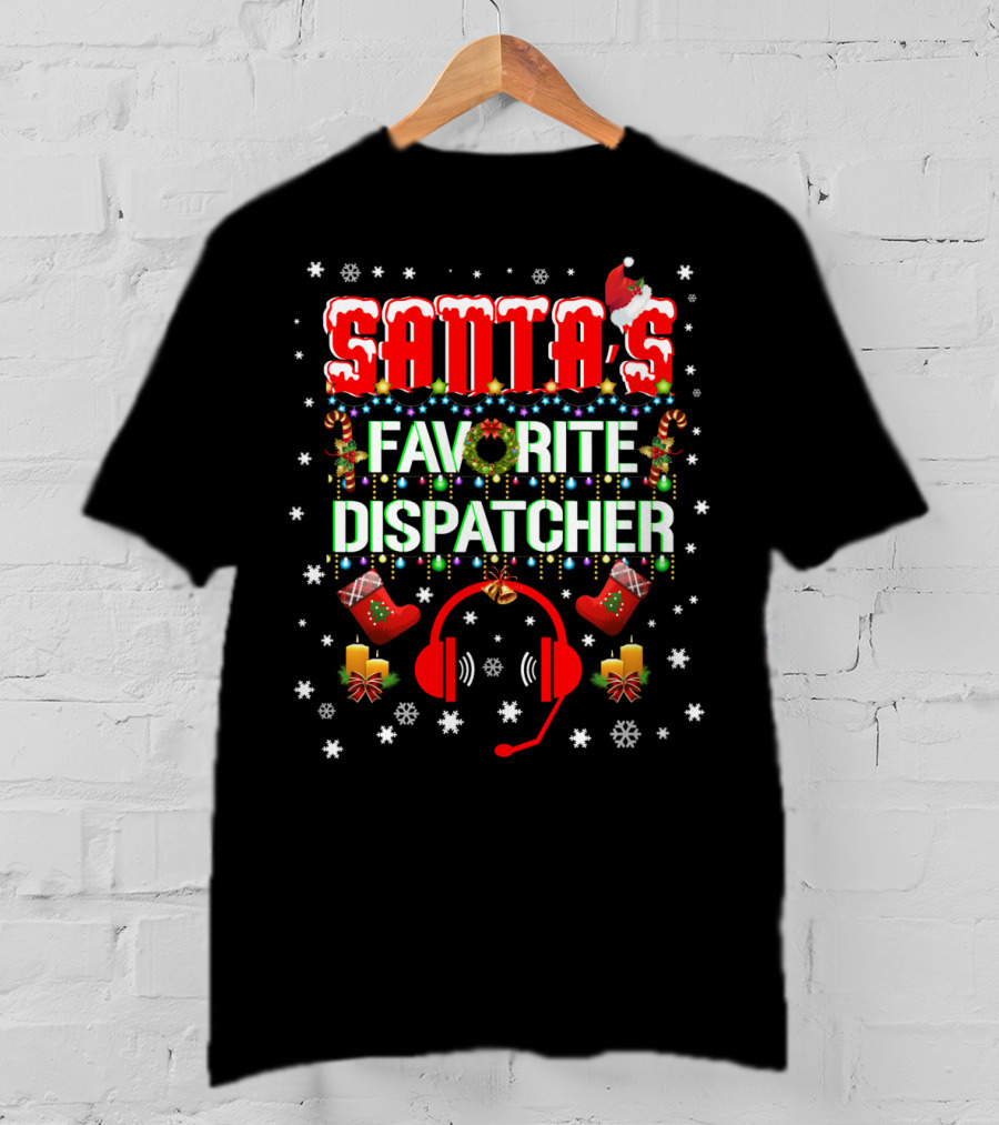 Santa's Favorite Dispatcher Headset Christmas Snowflakes Candles Stockings T-Shirt
