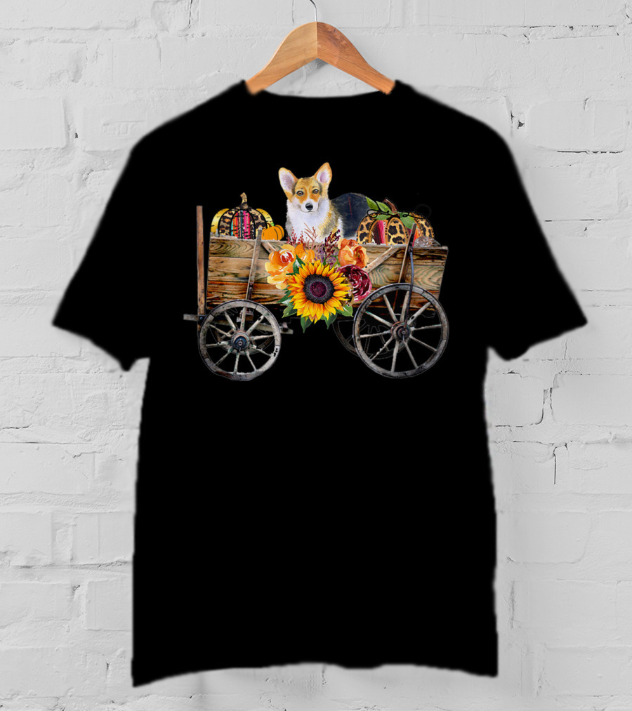 Corgi Clothing Autumn Harvest Corgi Dog In Country Wagon T-Shirt