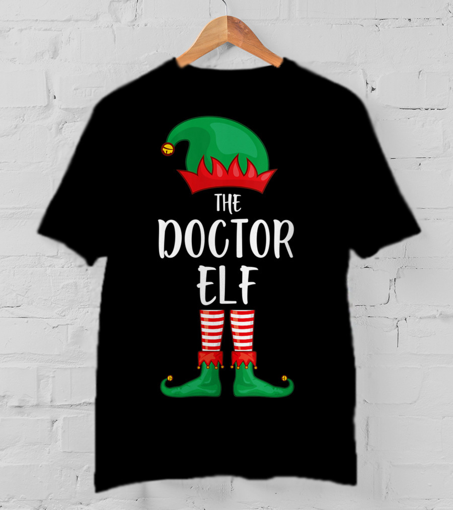 The Doctor Elf Christmas Party Jester Hat And Striped Tights T-Shirt