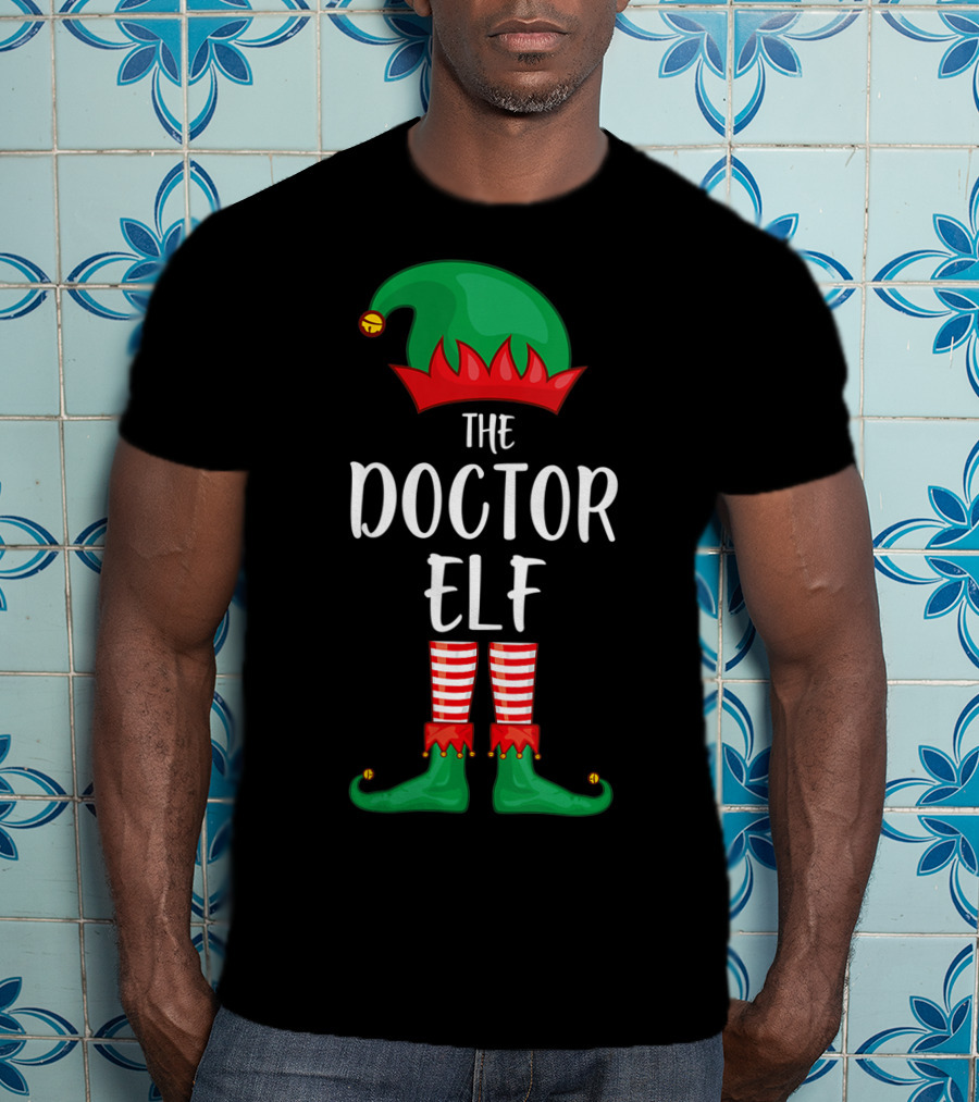 The Doctor Elf Christmas Party Jester Hat And Striped Tights T-Shirt
