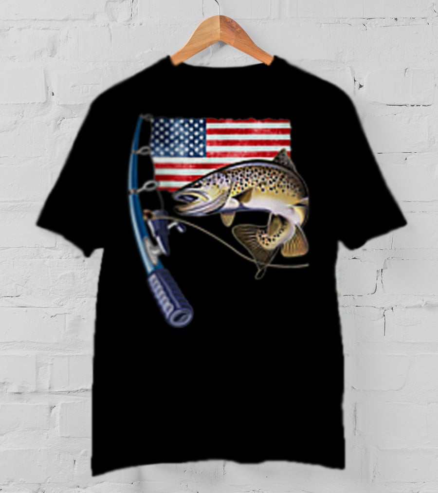 Fishing Hooked On A Feeling American Flag Rod Fish T-Shirt