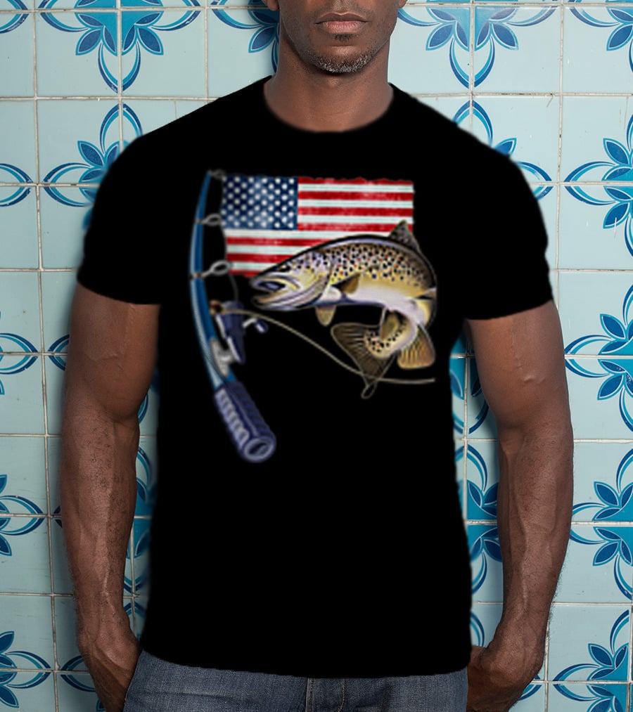 Fishing Hooked On A Feeling American Flag Rod Fish T-Shirt