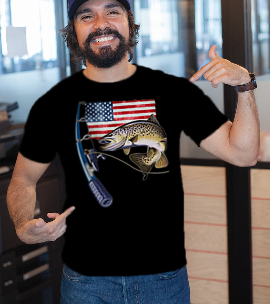 Fishing Hooked On A Feeling American Flag Rod Fish T-Shirt