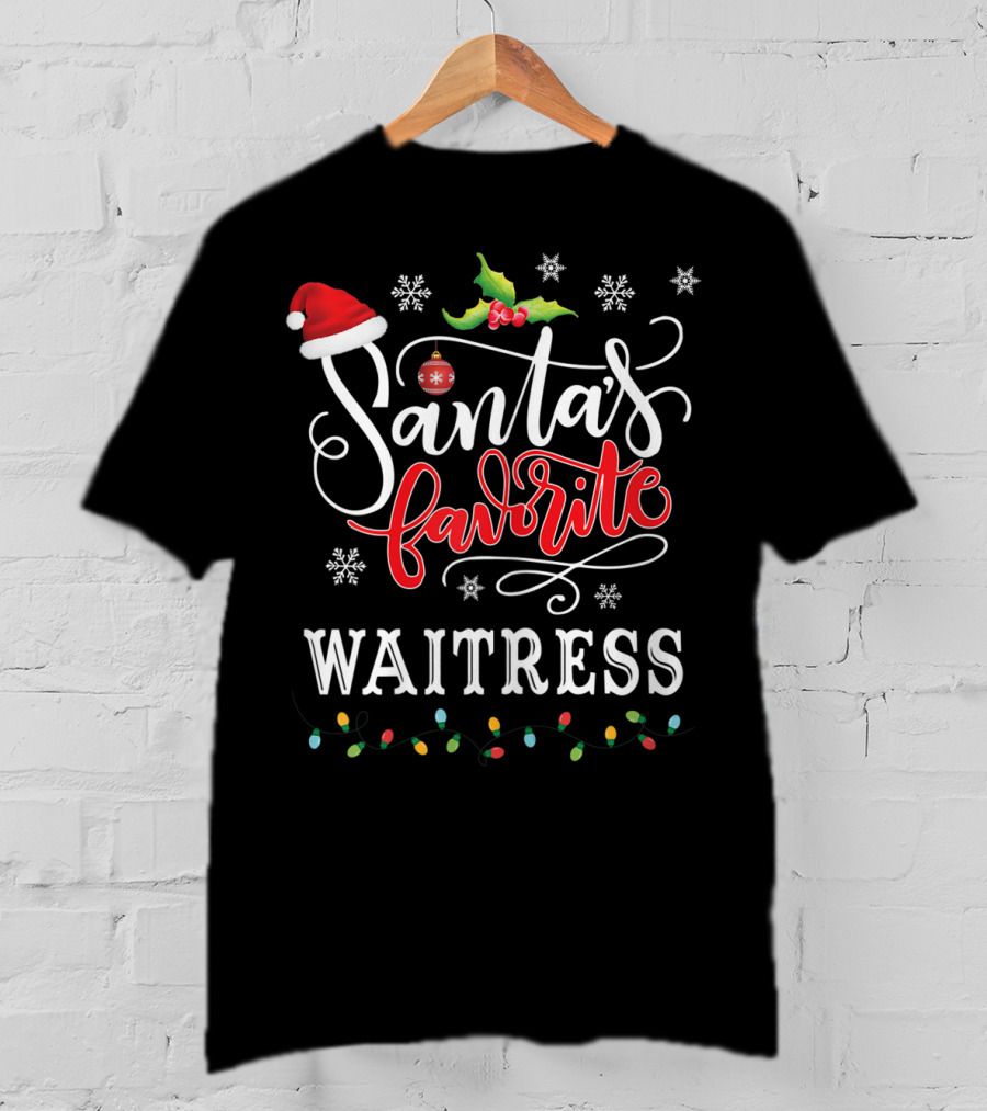 Santa's Favorite Waitress Christmas Lights Holly Santa Hat Snowflakes T-Shirt