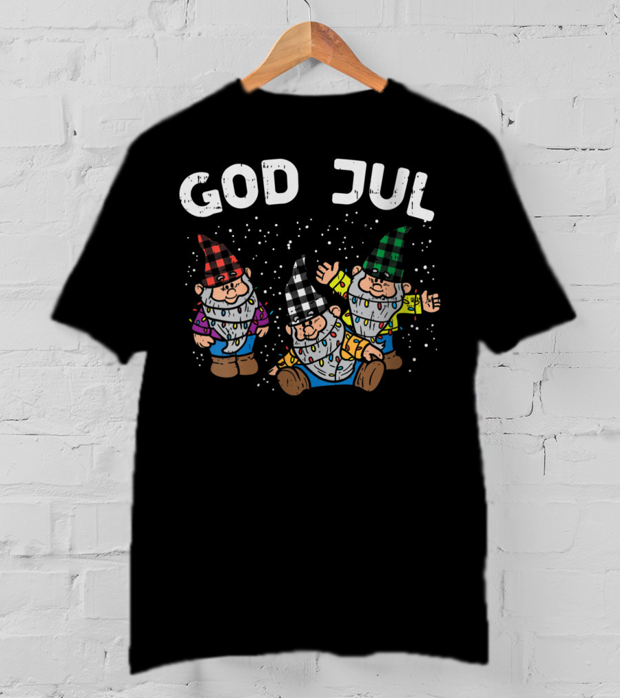 God Jul Buffalo Plaid Nordic Gnomes T-Shirt
