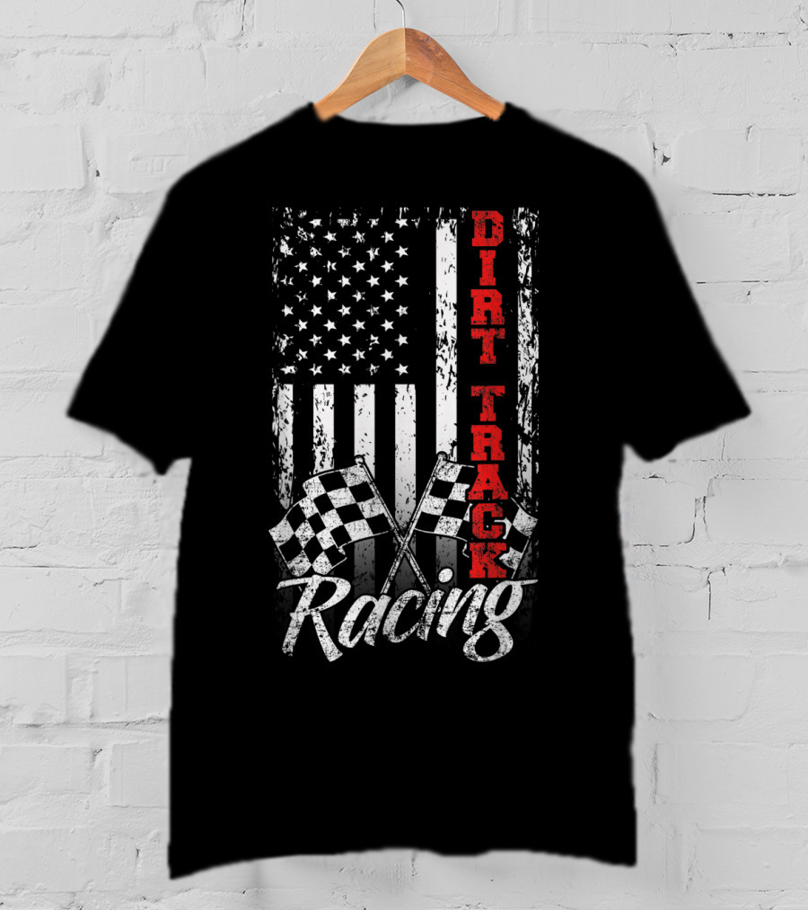 Dirt Track Racing American Flag With Checkered Flags T-Shirt