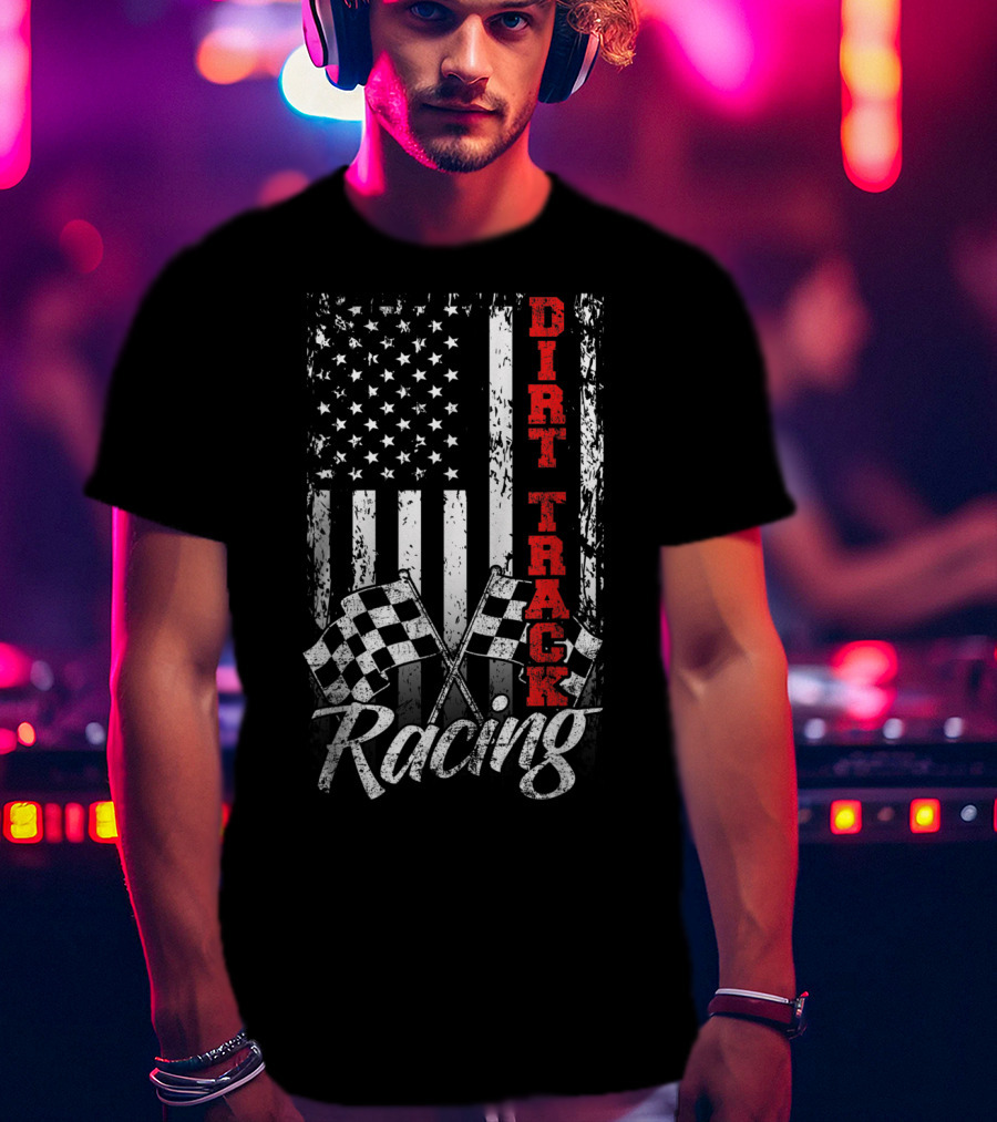 Dirt Track Racing American Flag With Checkered Flags T-Shirt
