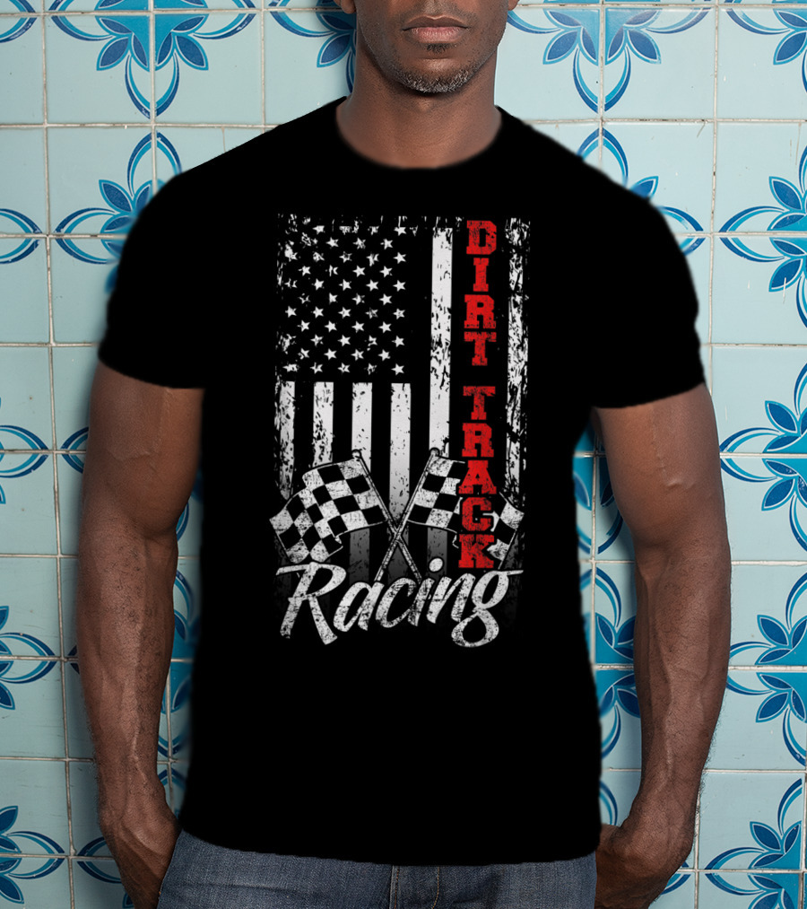 Dirt Track Racing American Flag With Checkered Flags T-Shirt