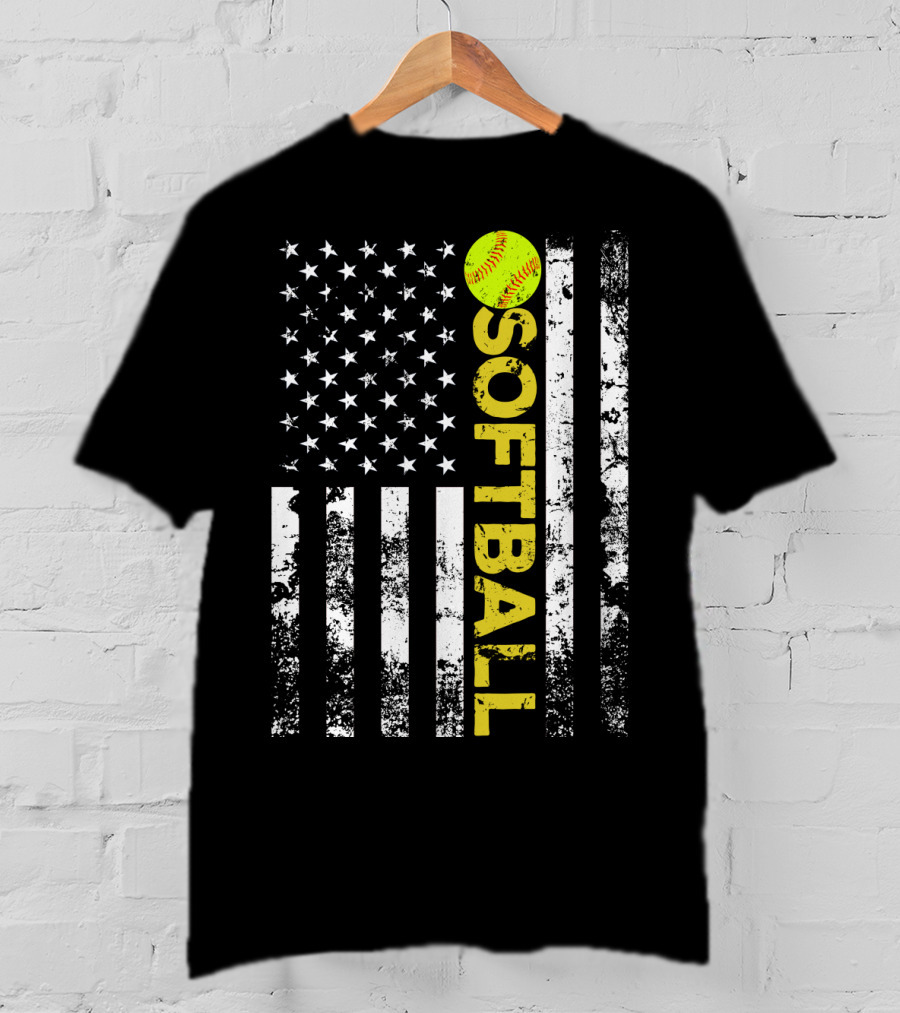 American Flag Softball Vertical Text With Yellow Softball T-Shirt