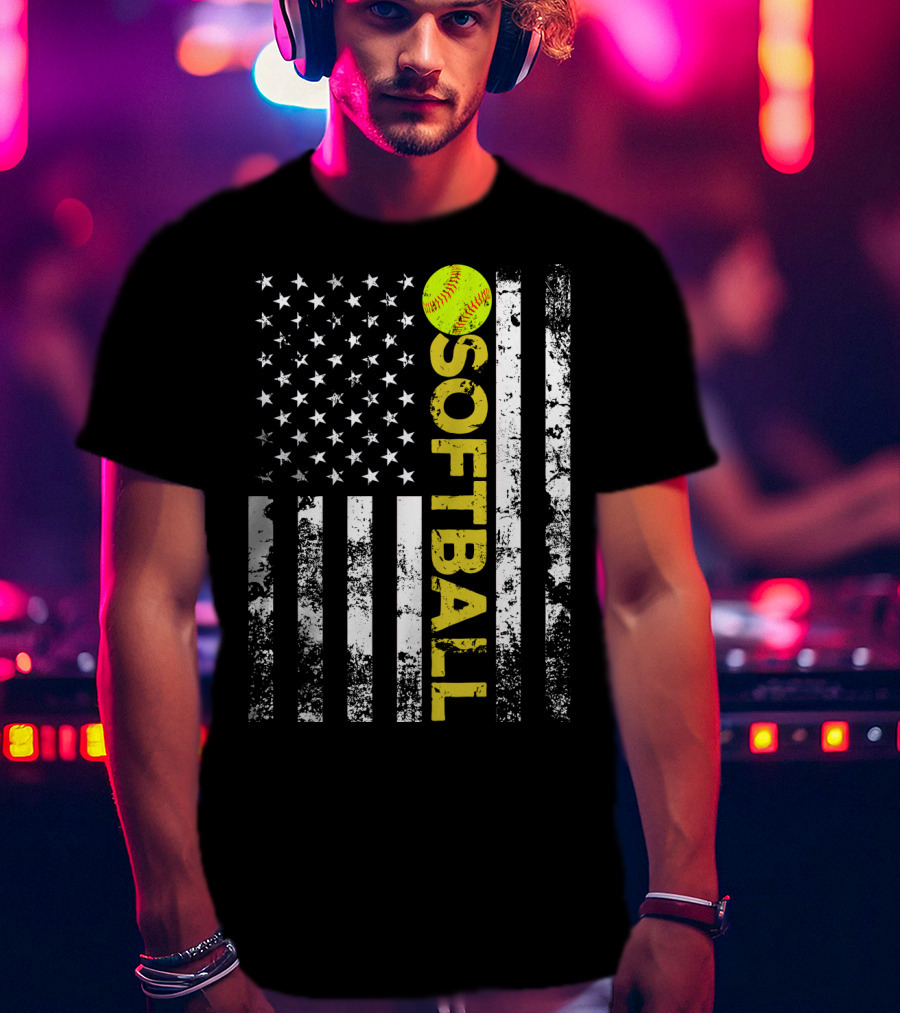 American Flag Softball Vertical Text With Yellow Softball T-Shirt