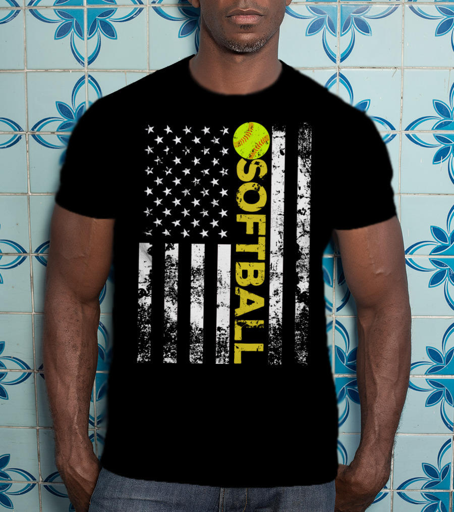 American Flag Softball Vertical Text With Yellow Softball T-Shirt