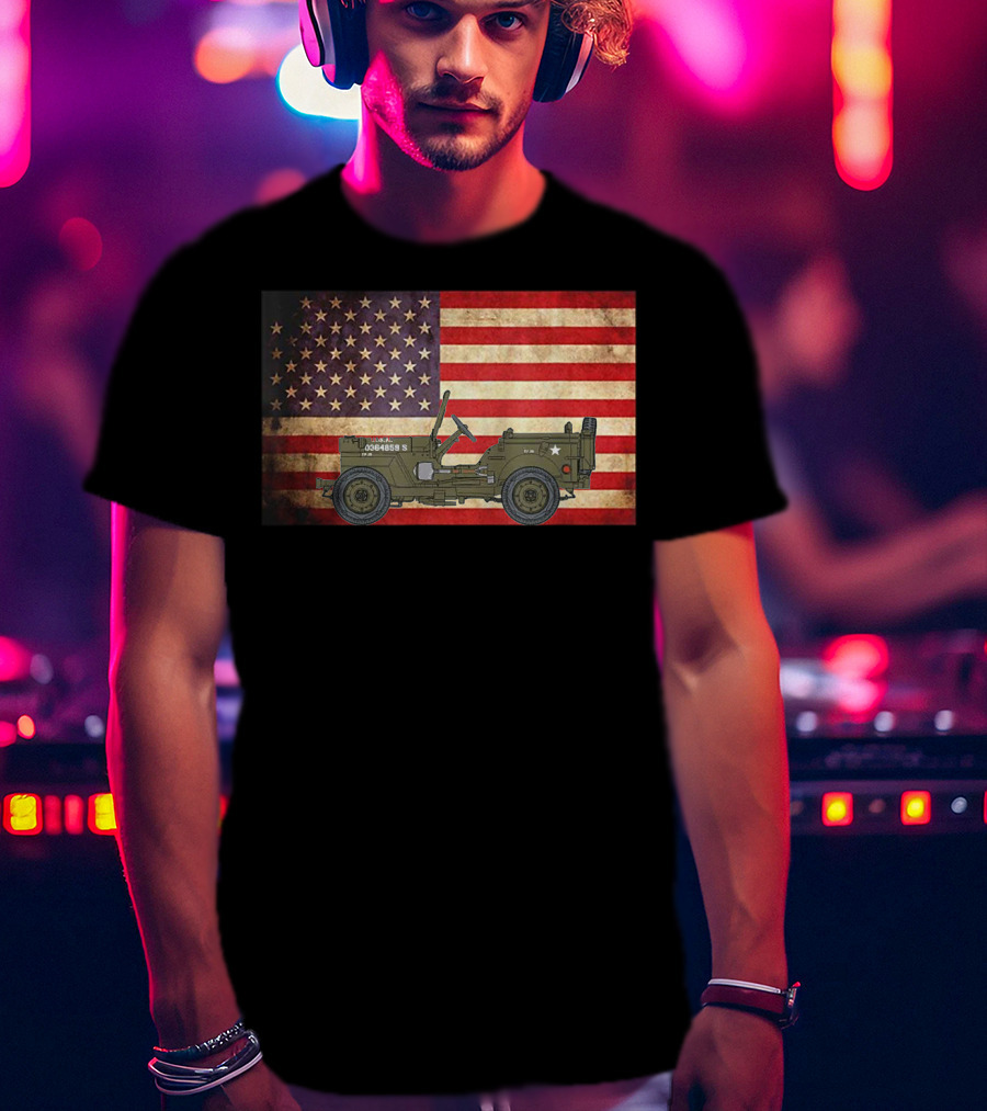 American USA Flag Willys Jeep WW2 Military Army Vehicle Stars And Stripes Vintage Retro Iconic T-Shirt