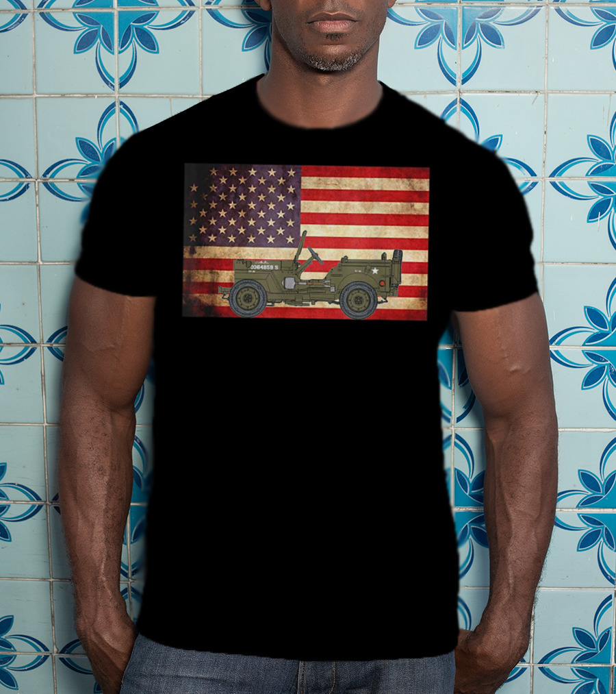 American USA Flag Willys Jeep WW2 Military Army Vehicle Stars And Stripes Vintage Retro Iconic T-Shirt