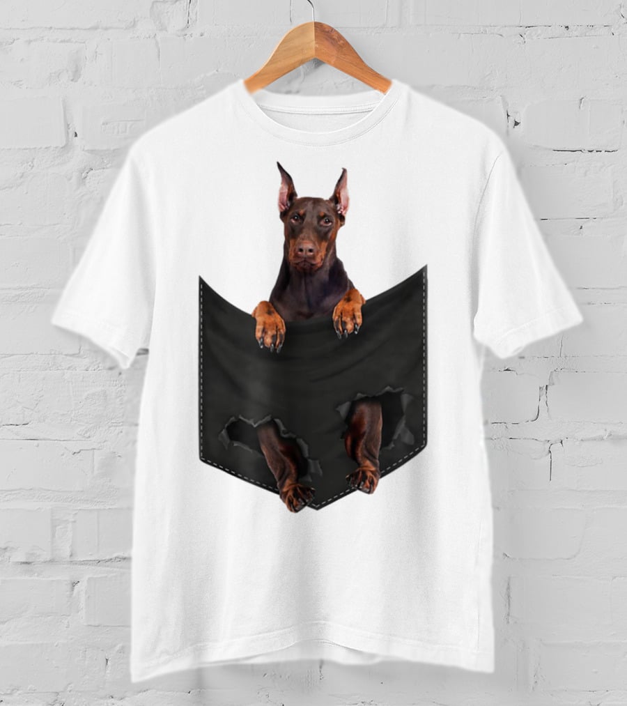 Doberman Pinscher Peeking From Ripped Pocket T-Shirt