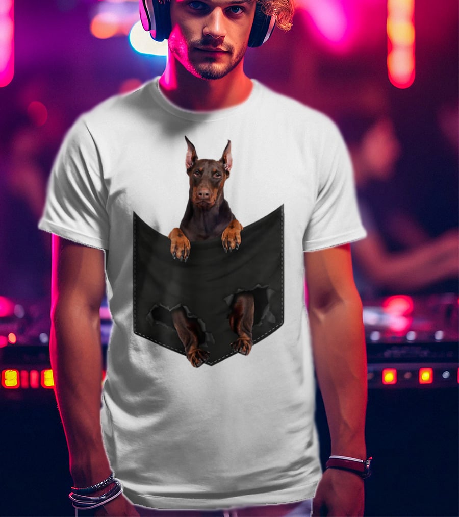 Doberman Pinscher Peeking From Ripped Pocket T-Shirt