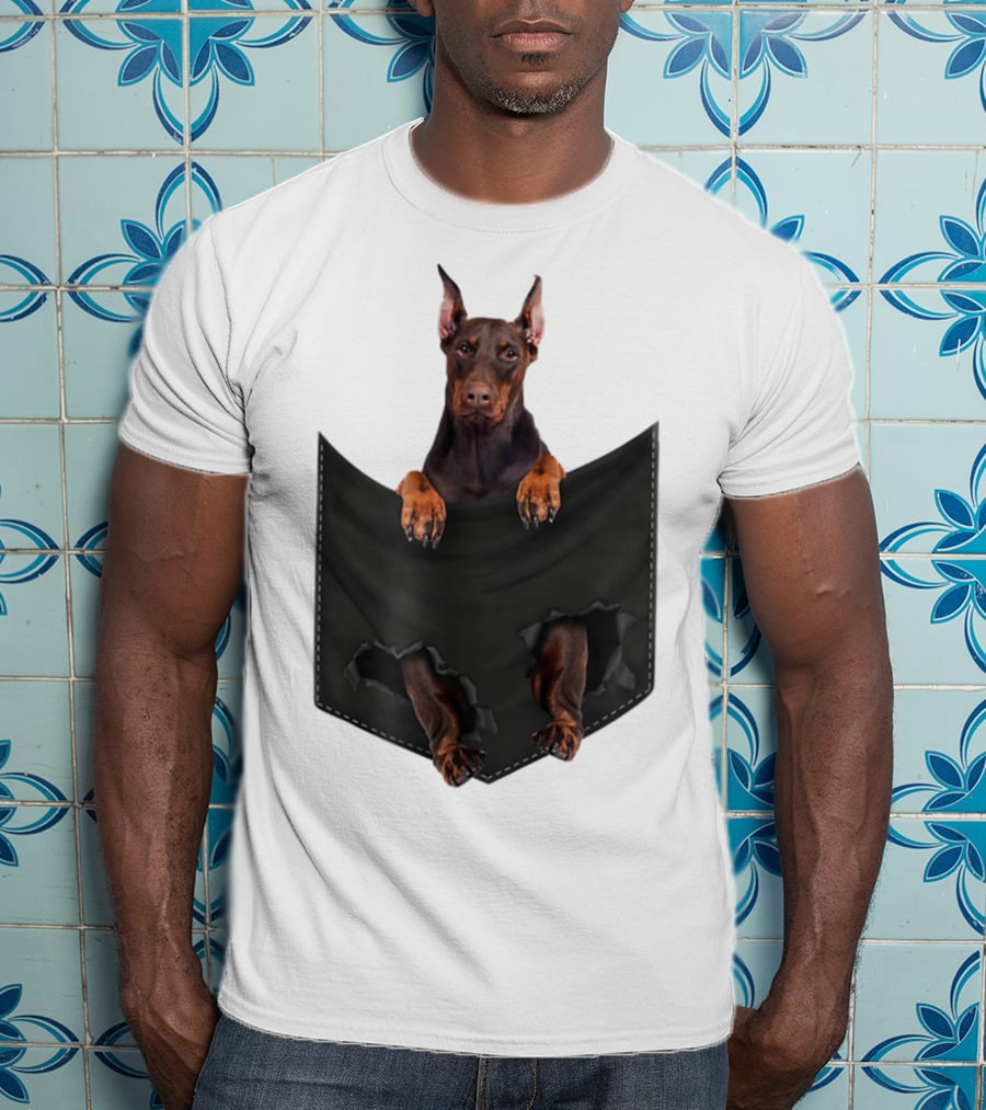 Doberman Pinscher Peeking From Ripped Pocket T-Shirt