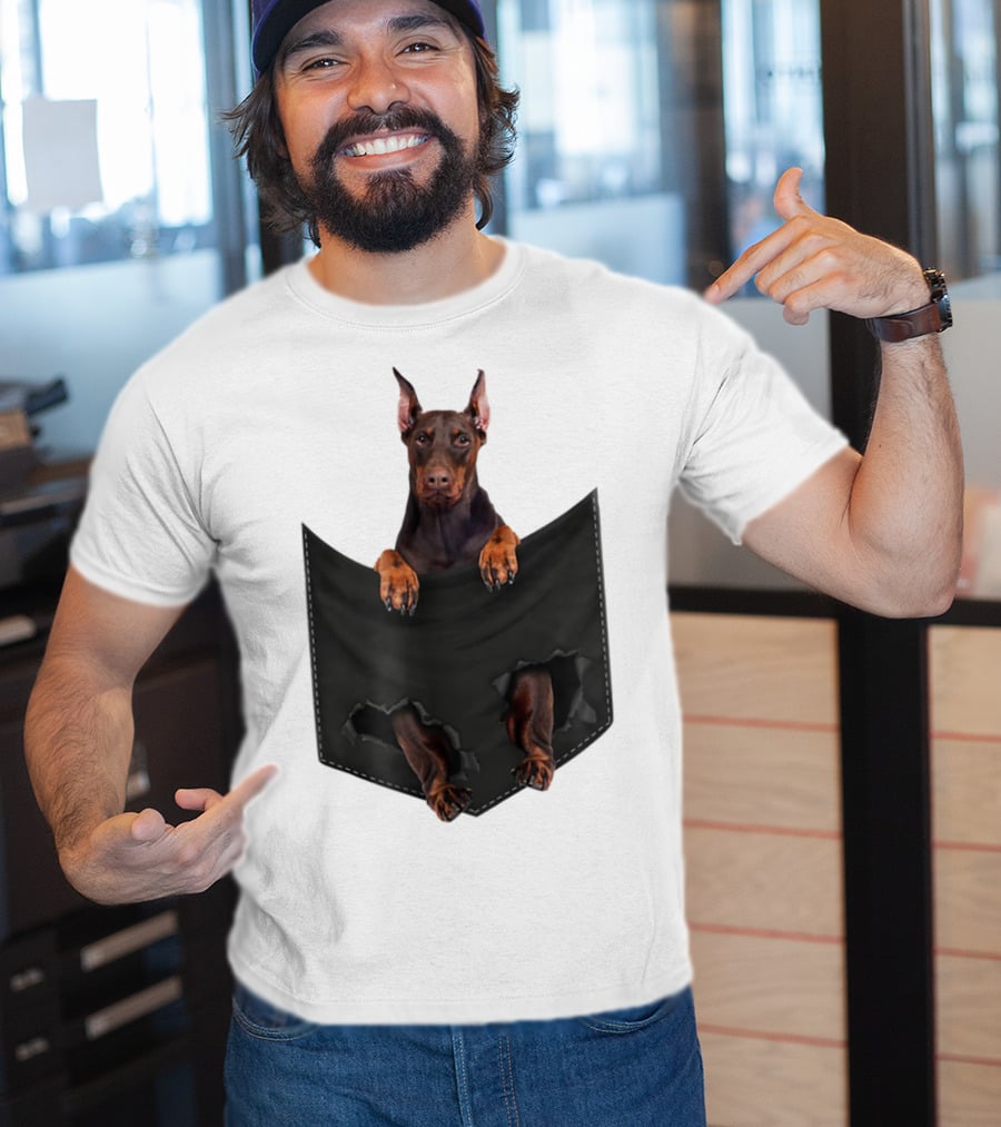 Doberman Pinscher Peeking From Ripped Pocket T-Shirt