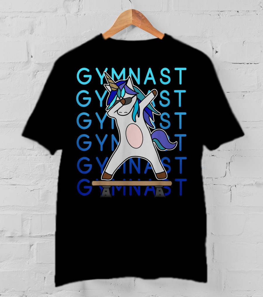 Gymnast Dabbing Unicorn With Blue Mane On Balance Beam For Girls Gymnastics T-Shirt