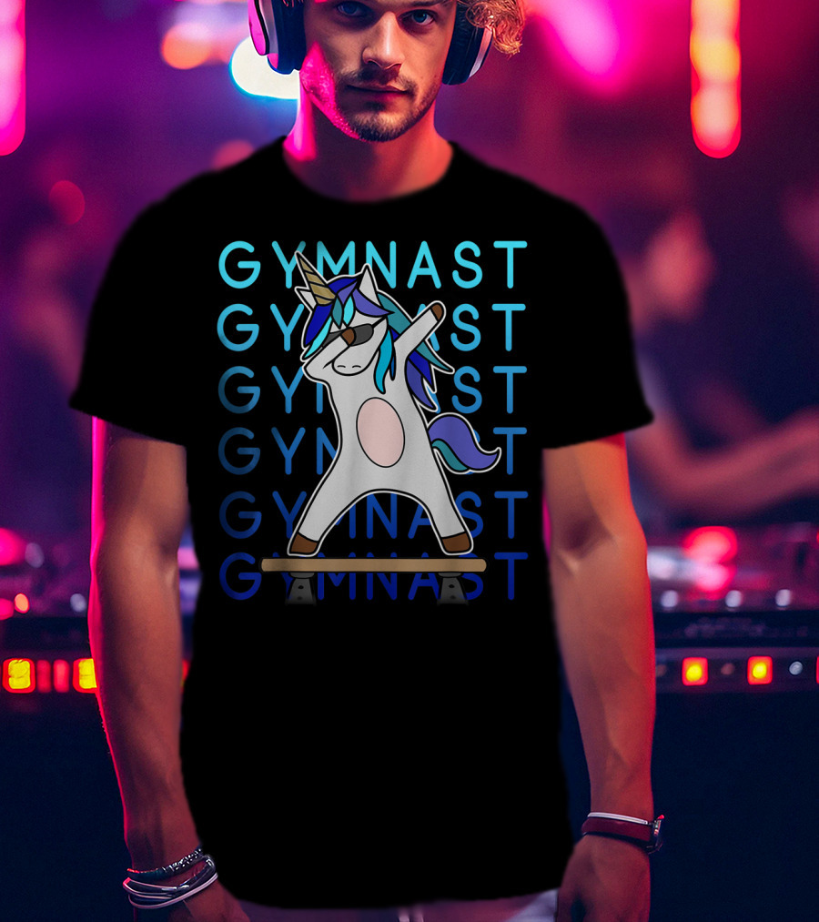 Gymnast Dabbing Unicorn With Blue Mane On Balance Beam For Girls Gymnastics T-Shirt