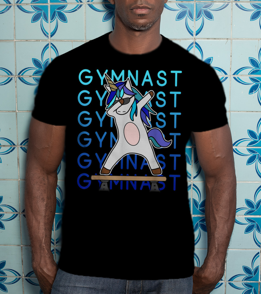 Gymnast Dabbing Unicorn With Blue Mane On Balance Beam For Girls Gymnastics T-Shirt