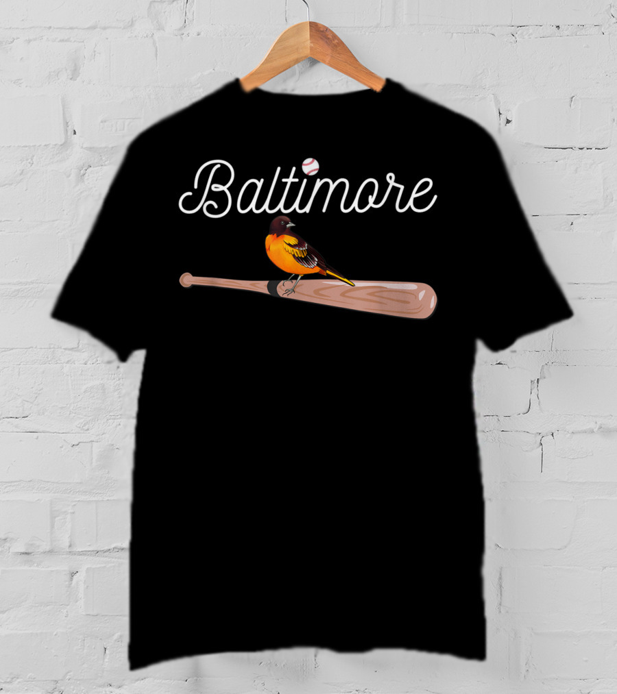 Baltimore Oriole On Baseball Bat With Baseball Themed Font T-Shirt
