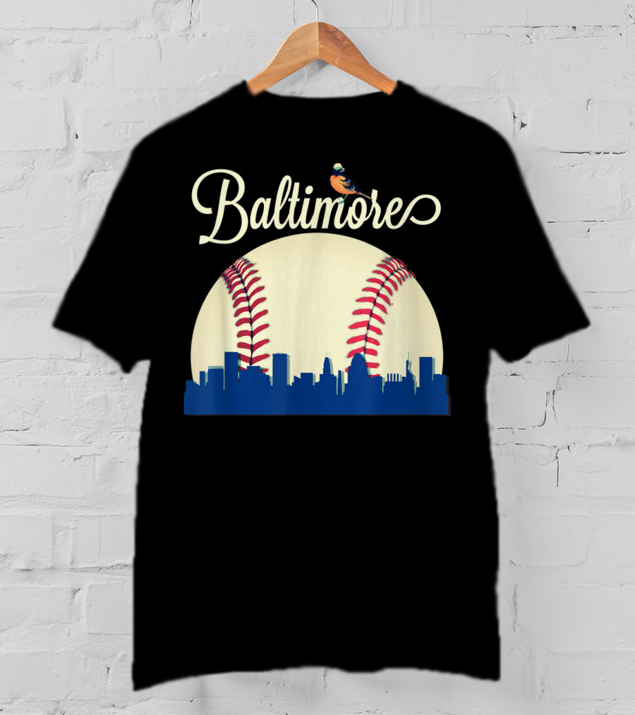 Baltimore Skyline With Baseball And Oriole Bird T-Shirt