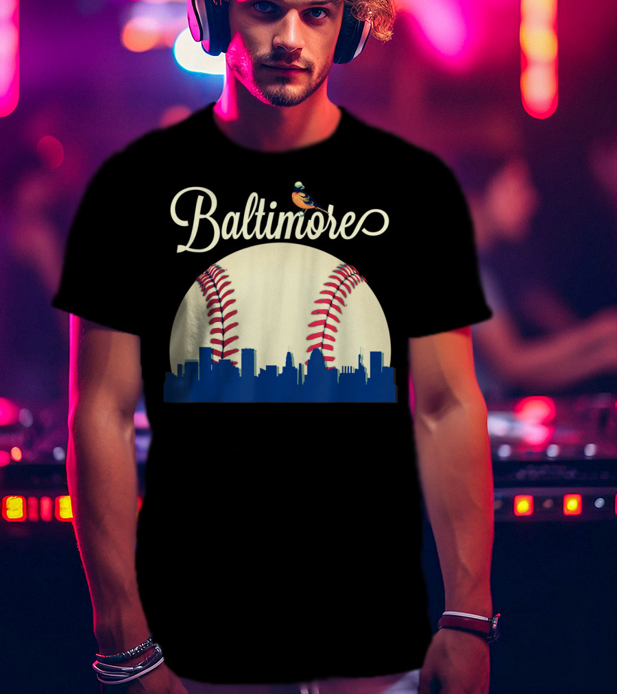 Baltimore Skyline With Baseball And Oriole Bird T-Shirt