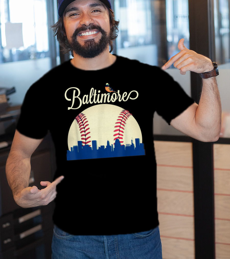 Baltimore Skyline With Baseball And Oriole Bird T-Shirt