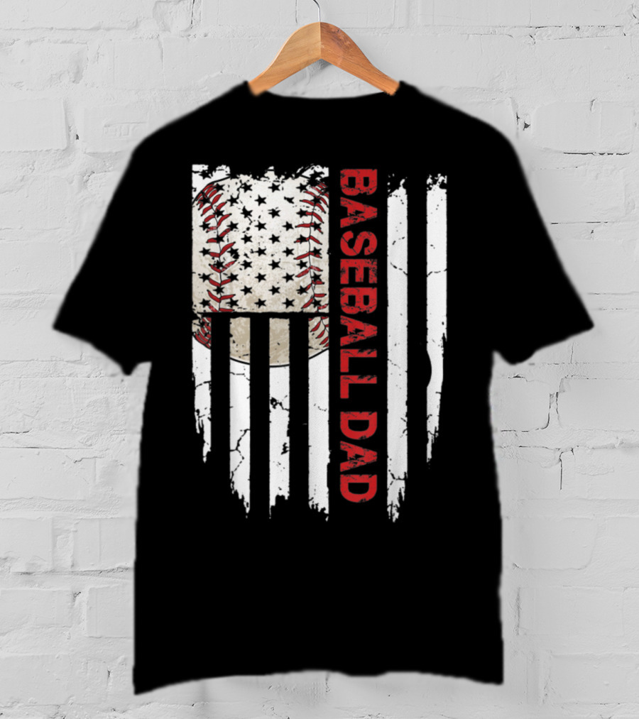 Baseball Dad American Flag Patriotic Stars Stripes Sports Enthusiast T-Shirt