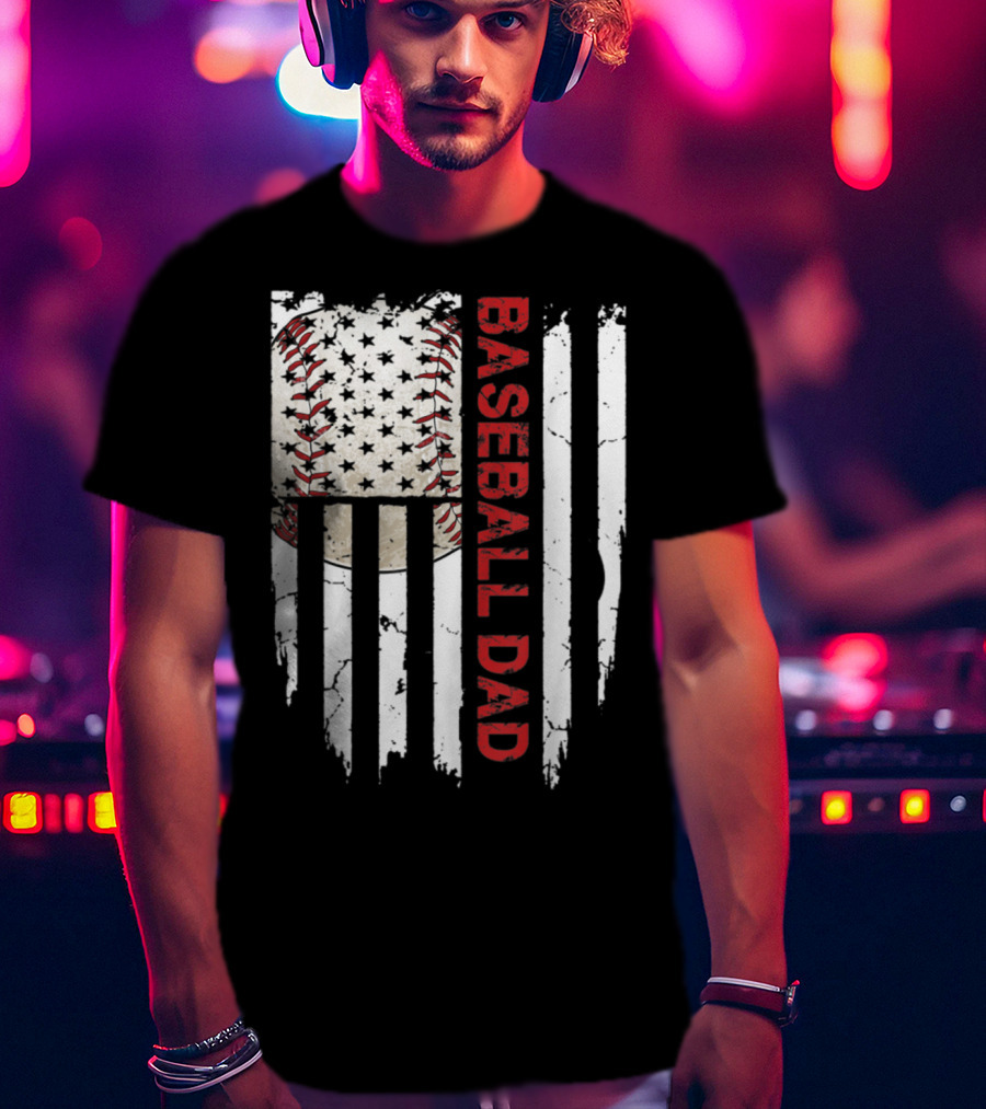 Baseball Dad American Flag Patriotic Stars Stripes Sports Enthusiast T-Shirt