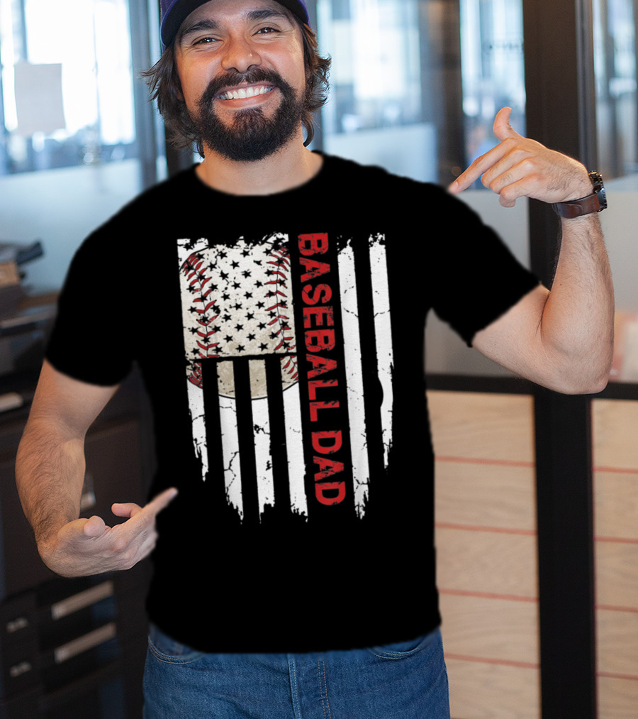 Baseball Dad American Flag Patriotic Stars Stripes Sports Enthusiast T-Shirt