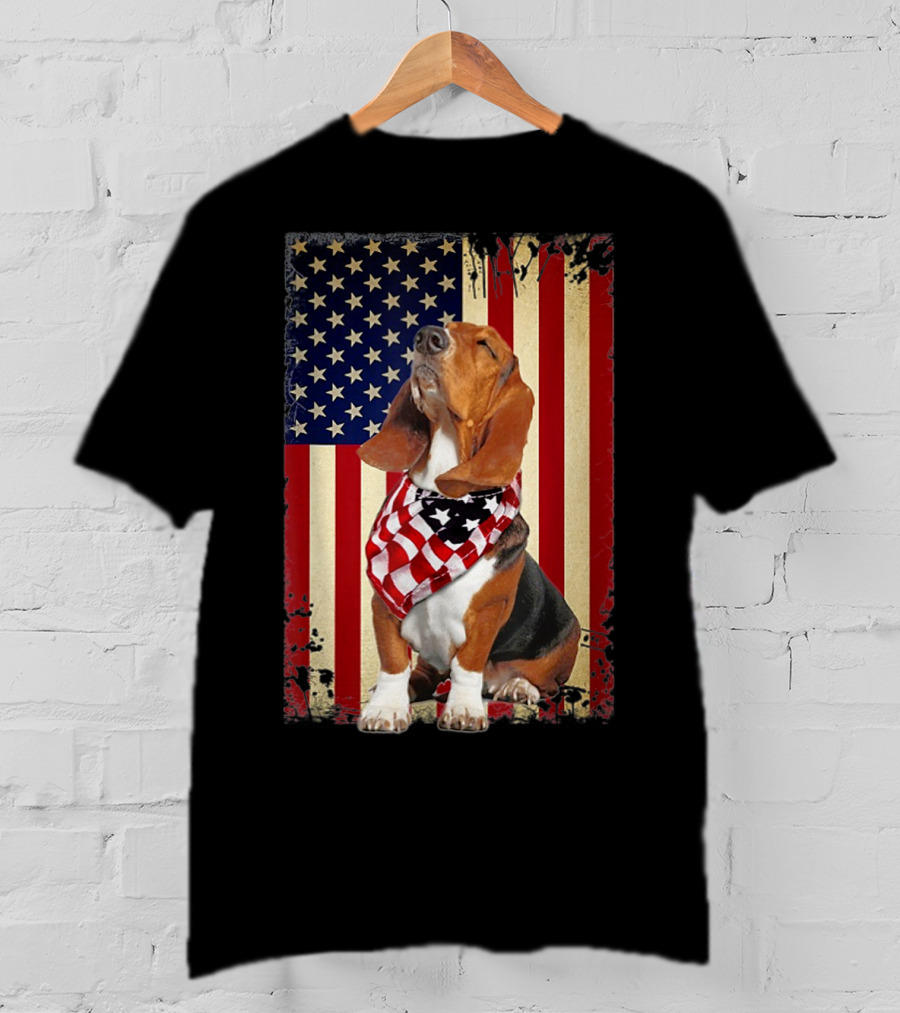 Basset Hound With American Flag Scarf Against USA Flag Background T-Shirt