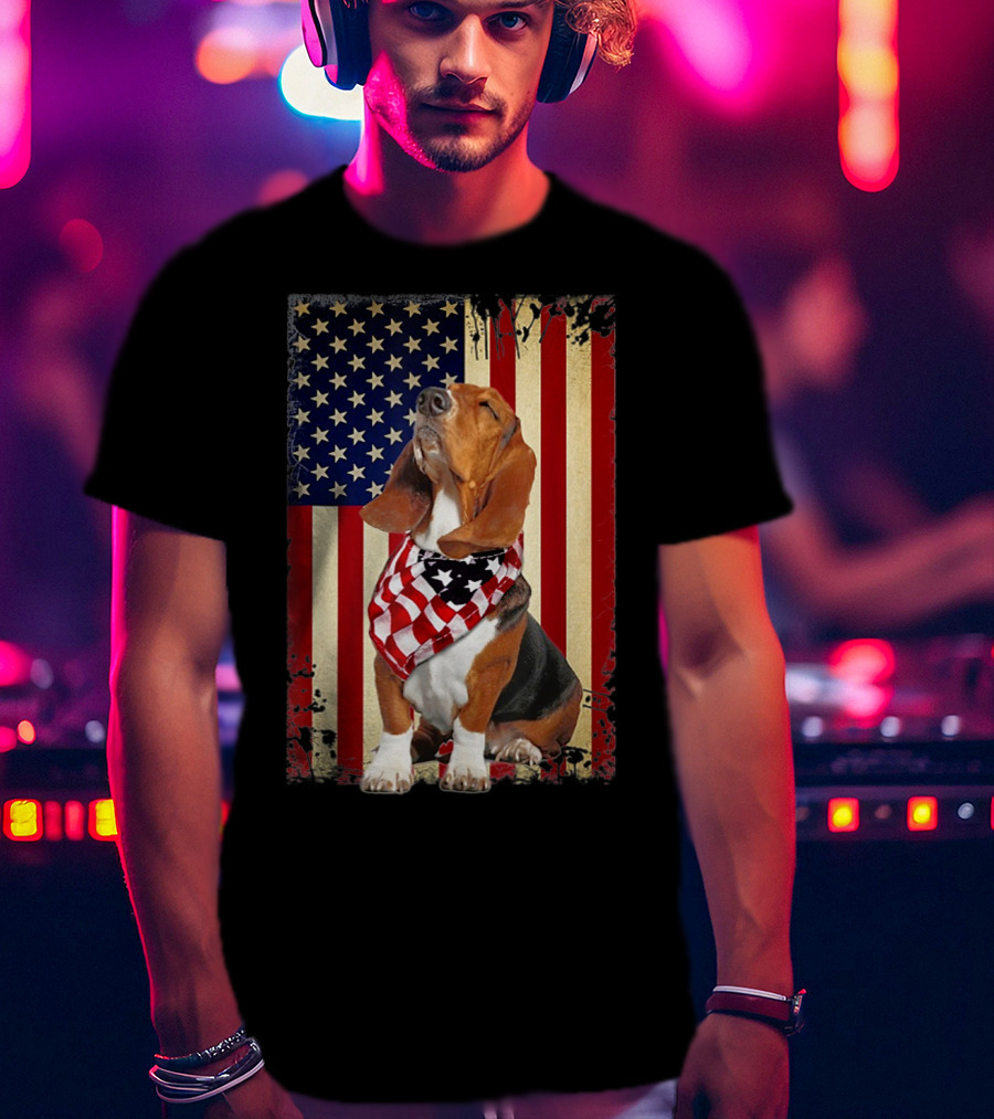 Basset Hound With American Flag Scarf Against USA Flag Background T-Shirt