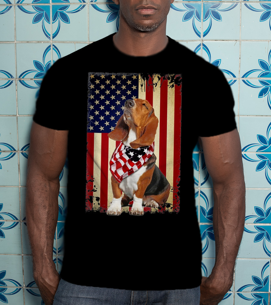 Basset Hound With American Flag Scarf Against USA Flag Background T-Shirt