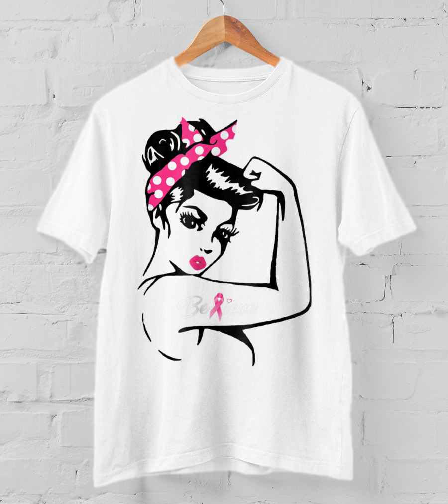 Breast Cancer Warrior Believe Support Awareness With Pink Ribbon And Polka Dot Rosie Bandana T-Shirt