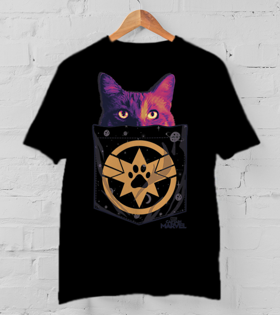 Captain Marvel Goose Paw Print Cosmic Pocket Cat T-Shirt