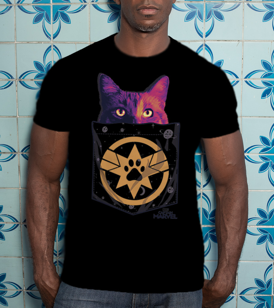 Captain Marvel Goose Paw Print Cosmic Pocket Cat T-Shirt