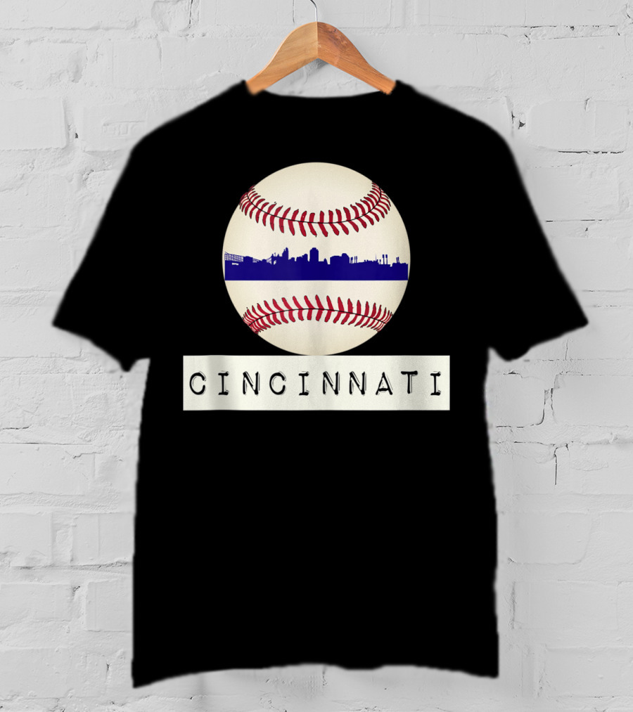 Cincinnati Skyline On Baseball With Red Stitches T-Shirt