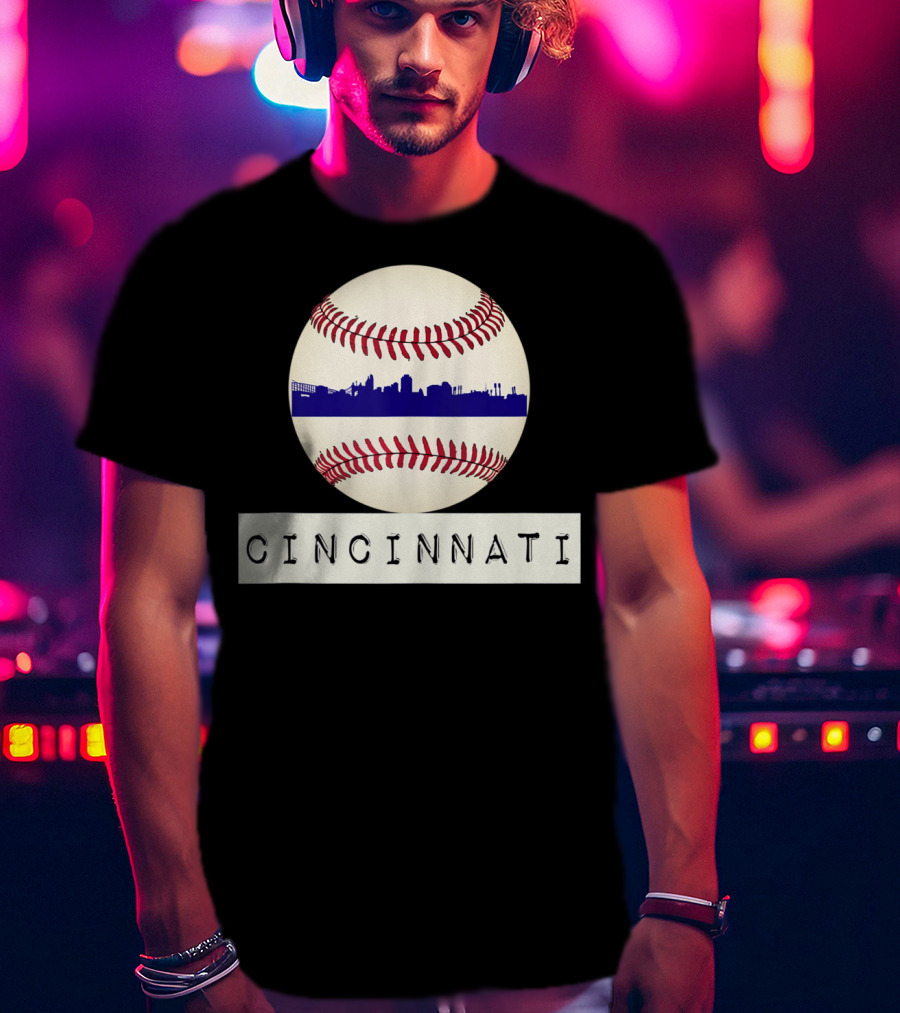 Cincinnati Skyline On Baseball With Red Stitches T-Shirt