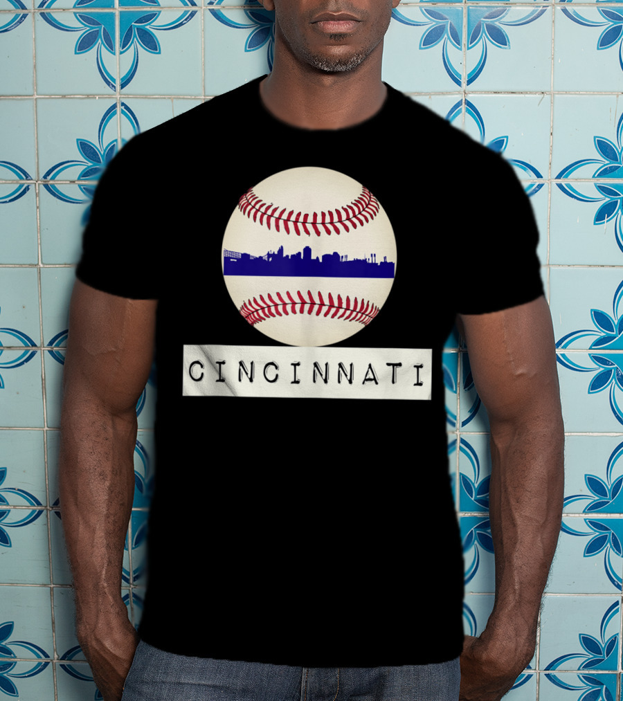 Cincinnati Skyline On Baseball With Red Stitches T-Shirt