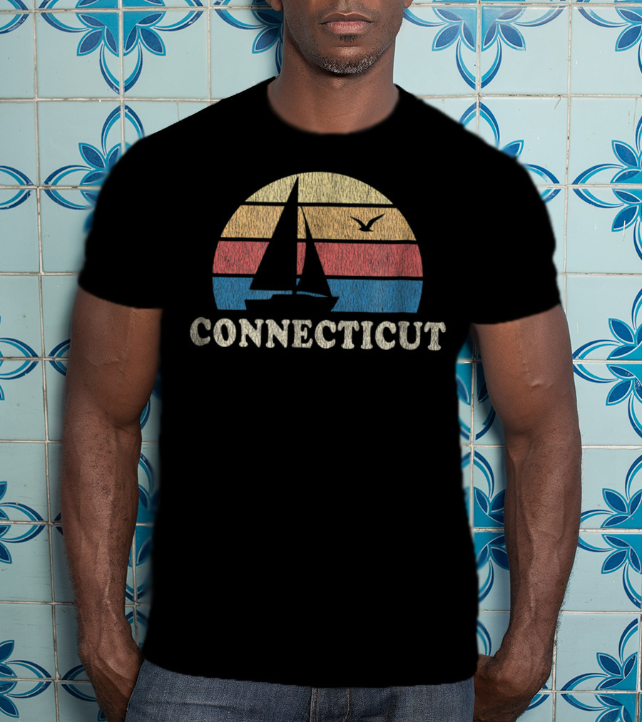 Connecticut 70s Vintage Sailboat Sunset Throwback T-Shirt